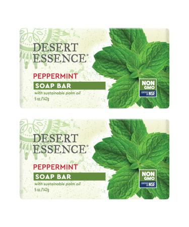 Desert Essence Peppermint Soap Bar - 5 Ounce - Pack of 2 - Cleanse & Soothes Skin - Tea Tree Oil - Aloe Vera - Jojoba Oil - Refreshing Rich Scent - Acne - Invigorating Moisturizer Peppermint 5 Ounce (Pack of 2)