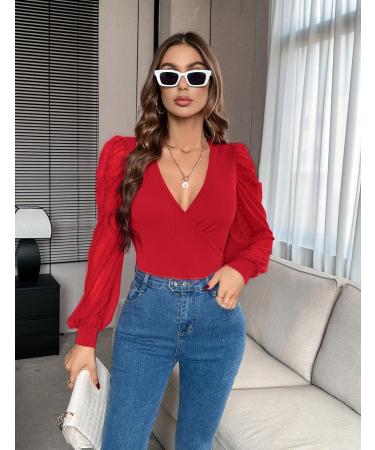 Fayenne Womens Tops Deep V Neck Cross Wrap Sexy Tops Polka Dot Mesh Long Sleeve T Shirt Casual Blouses XL Red - Buy Online on GoSupps.com