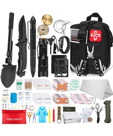 238Pcs Emergency Survival Kit and First Aid Kit, Professional Survival Gear Tool with Tactical Molle Pouch and Emergency Tent for Earthquake, Outdoor Adventure, Camping, Hiking, Hunting B-Black(Included Shovel)