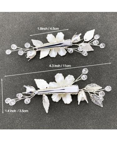 BETITETO Pearls Flower Hair Clips 2pcs Bridal White Floral Silver Leaf Vine Hair Pieces Accessories for Wedding Women - Buy Online on GoSupps.com