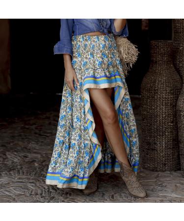 Sanahy Women Boho Floral Print High Low Maxi Skirt Dress - Blue - Buy Online on GoSupps.com