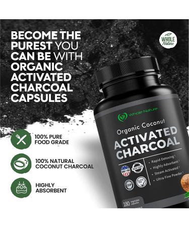 Organic Coconut Activated Charcoal Capsules - 180 Pills for Detox, Teeth Whitening, Constipation, Bloating, Gas, and Heartburn Relief - Vegan & Pure Coconut Supplement - Buy Online on GoSupps.com