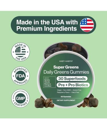 Habit + Habitat Daily Greens Plus Gummies - Superfood Blend with Chlorella, Spirulina, Beetroot, Lion s Mane, Ashwagandha & Reishi for Energy, Stress Relief & Wellness - Raspberry Flavored - 60 Count - Buy Online on GoSupps.com