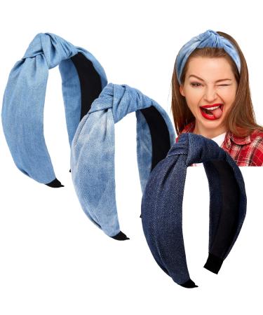 Giegxin 3 Pieces Jean Denim Headband Knot Headband for Women Hair Band Elastic Knotted Blue Headbands Hair Accessories Headwear for Women and Girls  3 Colors