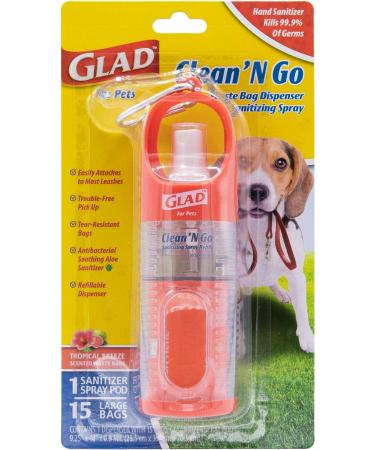 Glad for Pets Clean & Go Waste Bag Dispenser with Antibacterial Aloe Hand Sanitizer Spray - 15 Bags, Tropical Breeze Scent | Poop Bag Holder & Mini Hand Sanitizer - Buy Online on GoSupps.com