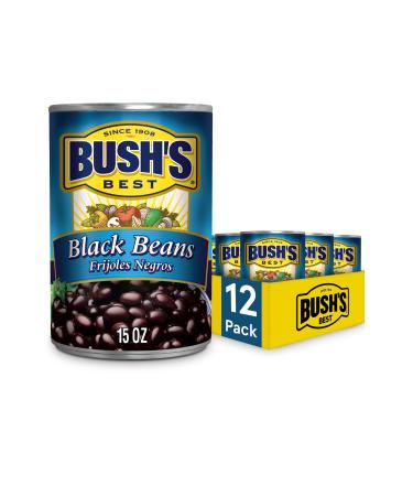 BUSH'S BEST Canned Black Beans (Pack of 12), Source of Plant Based Protein and Fiber, Low Fat, Gluten Free, 15 oz
