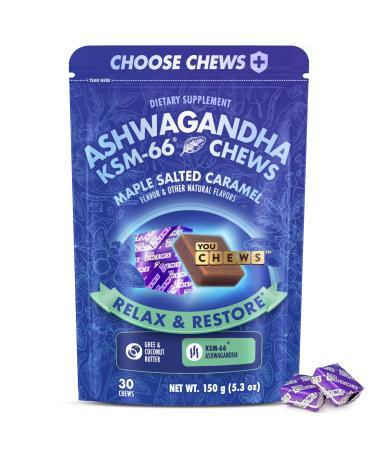 YouChews Ashwagandha KSM-66 Chews for Stress Relief & Mood Support Organic Ashwagandha Gummies KSM 66 Alternative Mood Support Maple Salted Caramel Flavor 30 Count