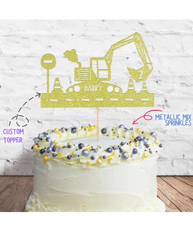 Cakeshop Cake Decoration Pack | Construction Digger Premium Double Sided Glitter Card Cake Topper & 25g Party Pack of Cake Sugar Sprinkles | Custom Name & Age Cake Decorations (Champagne) Prime Glitter Card: Champagne - Buy Online on GoSupps.com