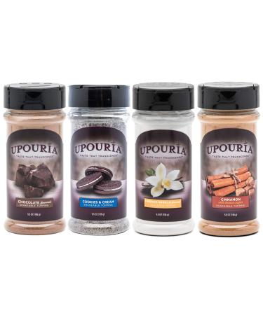 Upouria Coffee Topping Variety Pack - Chocolate, Cookies N Cream, French Vanilla and Cinnamon with Brown Sugar - 5.5 Ounce Shakeable Topping Jars - (Pack of 4)