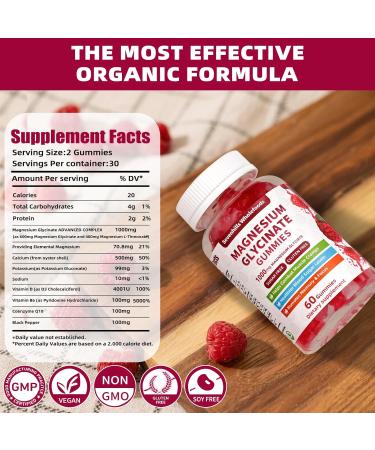 Magnesium Glycinate Gummies 1000mg - Sugar Free Magnesium Potassium Supplement for Relaxation, Calm, Stress Relief, and Sleep Support for Adults & Kids - 60 Raspberry Gummies - Buy Online on GoSupps.com