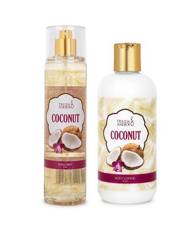 Home Spa Gift 10oz Deep Moisturizing Fragrance Body Lotion & 8 oz. Fine Fragrance Body Mist Set Luxury Self-Care Combo for Women and Girls (Coconut)