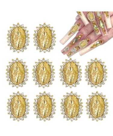 10 Pcs Virgin Mary Nail Charms San Judas Nail Charm for Acrylic Nails Rhinestone 3D Metal Buddha Religious Gold Nail Gems Nail Jewels for Nail Art Accessories 10Pcs Virgin Mary