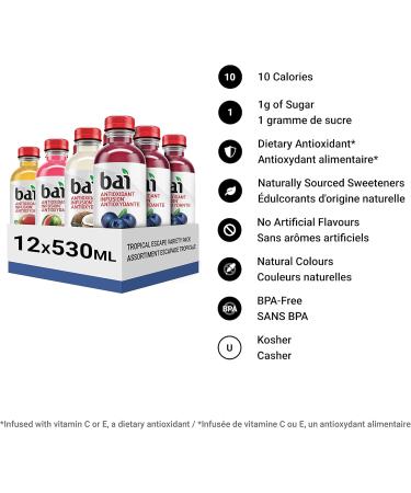 Bai Antioxidant Infusion Flavoured Water Beverage Tropical Escape Variety Pack 530 mL Bottles 12 Count 3 Each of Mango Watermelon Coconut and Blueberry 12-Tropical Escape Variety Pack - Buy Online on GoSupps.com