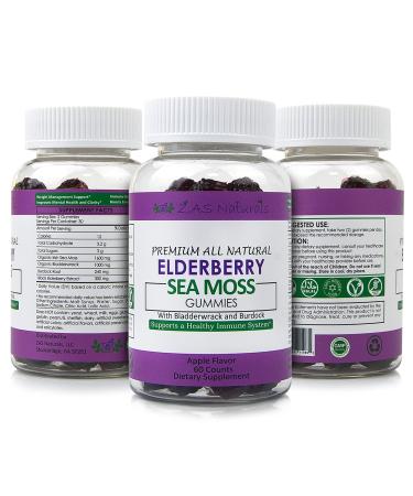 Sambucus Elderberry w/Organic Irish Sea Moss Gel Gummies w/Bladderwrack Burdock Vitamin C D & Zinc/Immune Support for Adults & Kids- Vegan Gluten-Free Kosher Non-GMO 60 ct
