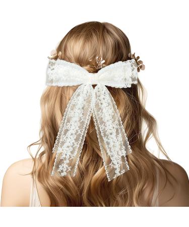 Lace Hair Bows White Hair Bows for Girls Long Tail Ribbons French Bow Clips for 90's Accessories Valentine's Day Women's Daily Wedding and Party Wear - Buy Online on GoSupps.com
