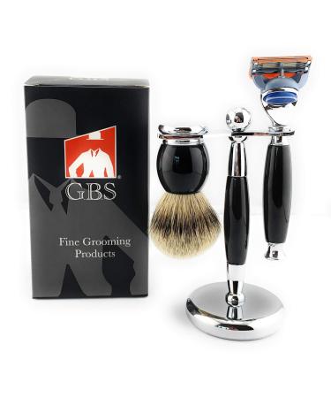 G.B.S Wet Shaving- All Black with Chrome Accents 5 Blade Compatible Razor Silvertip Super Badger Brush and Stand Includes 1 Blade Effortless Glide