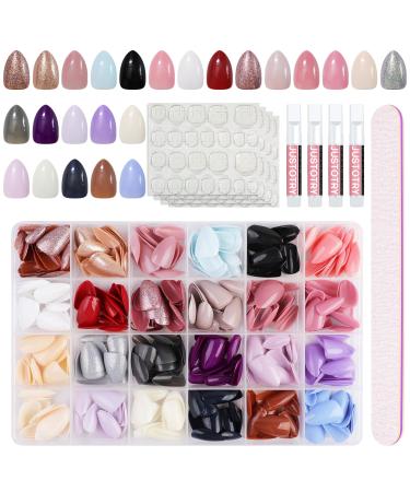 JUSTOTRY 576 Pieces Gel Almond Nails for Sticking Short Colourful Glitter Press On Nails Set with Glue Glossy Artificial Nails Fake Nails with Nail File and Jelly Oval Fingernails Artificial 24S03