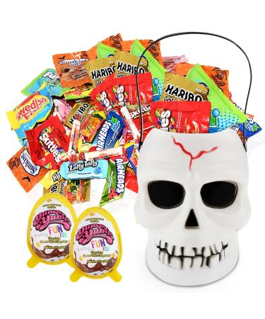 Halloween Gifts Skull White Bucket Filled with Assorted Candies 1 Lb - Great Candy Basket Treats for Kids, Girls, Boys, Child, Toddler and College Students