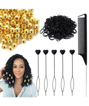 406Pcs Hair Beads Set for Hair Braids for Women Girls - 200Pcs Plastic Pony Beads with 5Pcs Quick Beader 200Pcs Elastic Rubber Bands and 1Pcs Rattail Comb for Women and Girls Hair Braids