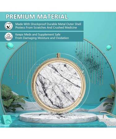 Retro Pill Can Box with Mirror - 3 Compartment Round Container for Vitamins & Supplements - Small Bronze Y-22 White Marble - Buy Online on GoSupps.com