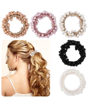 5PCS Pearl Hair Ties Elastic Hair Scrunchies Fancy Stretchy Rhinestone Hair Bands Bead Ponytail Holders Hair Ropes Hair Accessories for Women and Girls Gift (Champagne Pink Pearl white Black White)
