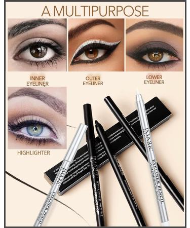 Black & White Gel Eye Liner Pencil Set with Highlighter, Matte Waterproof Formula - Long Lasting Eyeliner Makeup Pencil with Sharpener - Buy Online on GoSupps.com