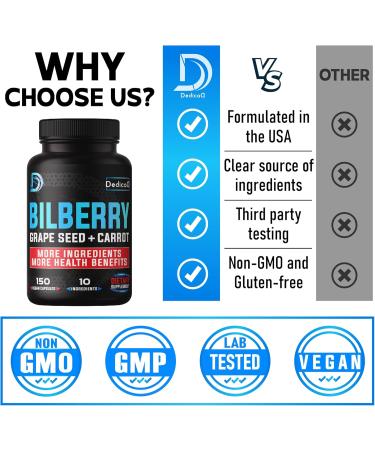 20:1 Bilberry Extract Capsules - 5 Month Supply - Support Eyes, Vision & Heart Health - 10in1 Plus Grape Seed, Carrot, Elderberry, Eyebright & Others - 150 Counts 150 Count (Pack of 1) - Buy Online on GoSupps.com