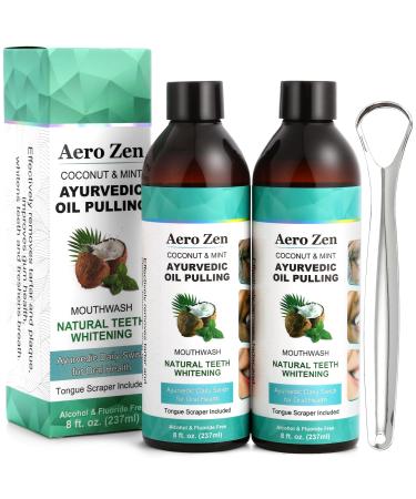 2-Pack Coconut Oil Pulling Mouthwash with Peppermint - Alcohol-Free Oral Care - Fresh Breath Solution - Organic Essential Oils Formula with Tongue Scraper - Gum Health Treatment - 237ML 16 Fl Oz (Pack of 1)