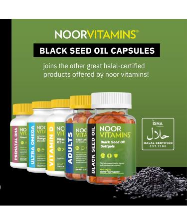 Noor Vitamins Halal Black Seed Oil Capsules, Halal Vitamins, 1000 mg Black Seed Oil from Nigella Sativa, Thymoquinone, Non-GMO, Gluten Free, 60 Count - Buy Online on GoSupps.com