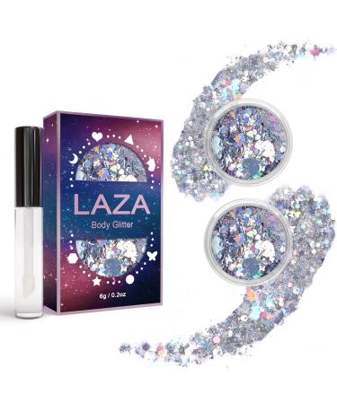 Laza Body Glitter 2 Jars Hologrographic Chunky Sequins with glitter glue perfect for women Eyeshadow make -up Face Paint Festival Rave Outfits Hair Accessories Carnival Party Costumes - Laser Galaxy