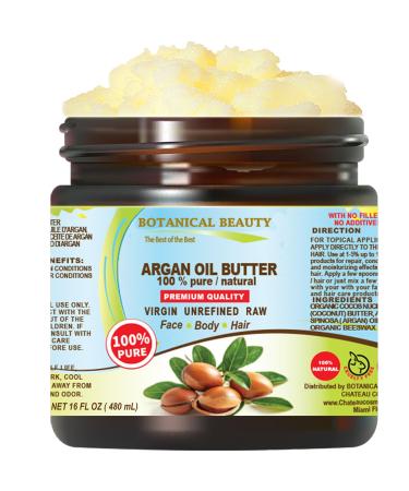 Botanical Beauty ARGAN OIL BUTTER RAW 100% Pure Natural VIRGIN UNREFINED Cold-Pressed 16 Fl oz 480 ml for Face Skin Body Hair Lip Nails. Rich in Vitamin E