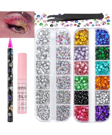 Canvalite Rhinestones for Face Colorful Face Gems Face Jewels AB & Clear Eye Hair Nail Gems Rhinestones with Quick Dry Makeup Glue 1 Rhinestones Picker Wax Pen 1 Tweezers for Nail Art Face Makeup G-face gems