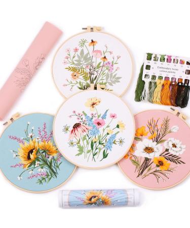 4Pcs Embroidery kits for beginners  Including Printed Embroidery Cloth with flower Patterns  4 Plastic Embroidery Rings  1 Pair of Scissors  Colored Threads  Needles and an Embroidery Instructions Beige
