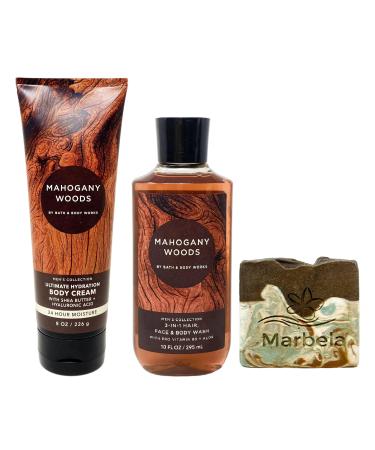 Bath & Body Works Men's Collection Mahogany Woods Body Cream and 3-in-1 Hair Face & Body Wash Bundle with a Cabin Spice Bar Soap - Full Size