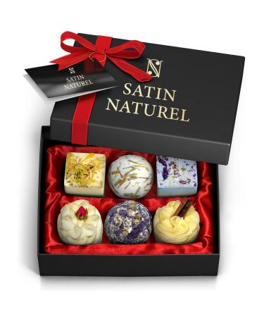 Christmas Gifts for Women - 6Pcs Bath Bombs Gift Box - Hand Made with Essential Oil Flowers & Bio Shea Butter - Gifts for her - Gifts for Mum - Vegan Skincare by Satin Naturel 6 Count (Pack of 1)