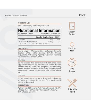 Chelated Copper 1mg with BioPerine - Energy & Immunity Support - 120 Vegan Tablets - Buy Online on GoSupps.com