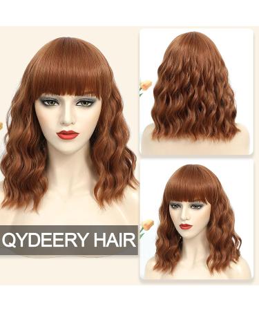 QYDEERY Auburn Brown Bob Wig with Bangs - 14 Inch Short Wavy Synthetic Heat Resistant Wig for Women | Shoulder Length Curly Bob Wig for Daily & Party Wear - Buy Online on GoSupps.com
