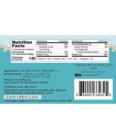Coastal Gourmet Sardines in Water - No Salt Added 4.375 oz. (Pack of 12) - Buy Online on GoSupps.com