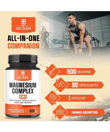 5in1 Magnesium Complex Supplement with 20% Purified - 500mg of Magnesium Bisglycinate Citrate & More for Muscle Relaxation Mood Bone Health & More - 90 Capsules - Buy Online on GoSupps.com