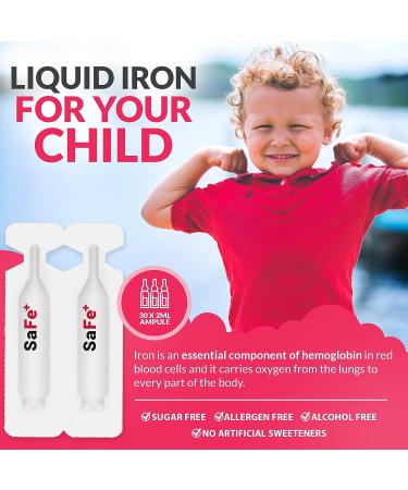 SaFe+ Liquid Iron for Children - 20mg/2mL Cherry Flavor - 30 Unit-Doses - Sugar Free & Allergen Free - Promotes Physical & Mental Wellbeing - Buy Online on GoSupps.com