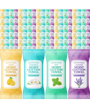 Moist Cotton Towel Individually Wrapped Moist Towelettes Disposable Face Towel 8.6'' x 8.6'' Hot/Cold Moistened Cleansing Wipes Towel Lemon Chamomile Mint and Lavender Scent (100 Pcs)
