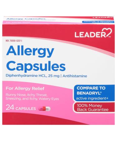 Leader Antihistamine Allergy Relief Diphenhydramine HCl 25mg Capsules 24 Count Pack of 5