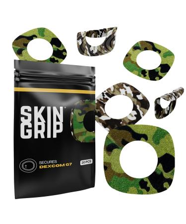 Skin Grip Adhesive Patches for Dexcom G7 & Stelo CGM with Cutout Waterproof & Sweatproof Cover for Continuous Glucose Monitor Sensor Stays Secure for 10-15 Days 20 Pack Camo 20 Count (Pack of 1)