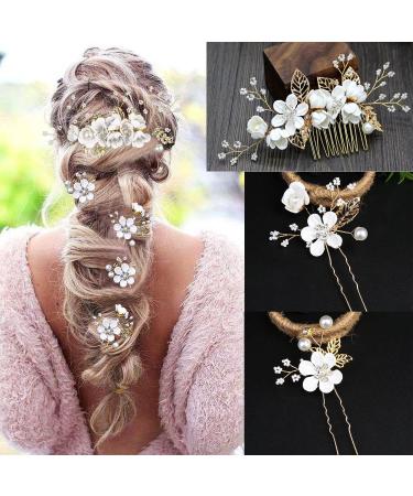 Bridal Flower Wedding Hair Pins - Crystal Pearl Clips Headpiece for Brides - Gold Hair Accessories with Rhinestone - Pure White Flower - 5 Count - Buy Online on GoSupps.com