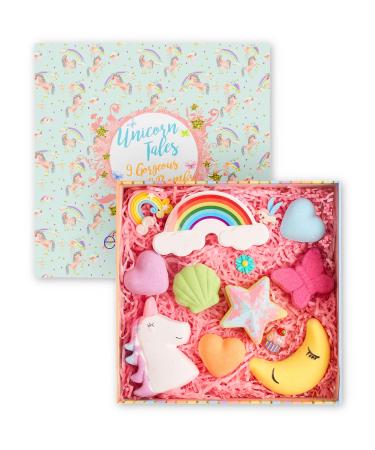 Escential Unicorn Bath Bombs 9 Organic Vegan Bath Fizzers Moisturising Essential Oils & Natural Scents Birthday Gift Set for Her Women Girls Kids