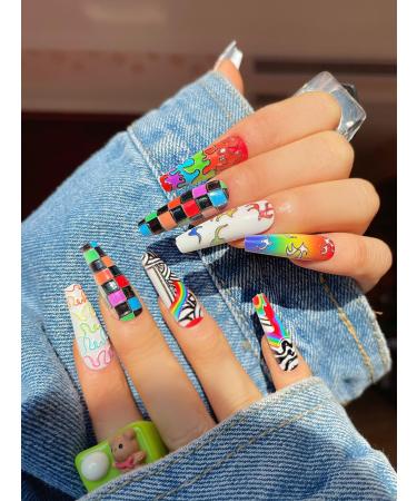 24pcs Rainbow Striped Plaid Coffin Fake Nail Striped Plaid Press on Nails Rainbow Striped Plaid Coffin Nails Luxurious Nails Acrylic Nails Fake Nails For Women Girls
