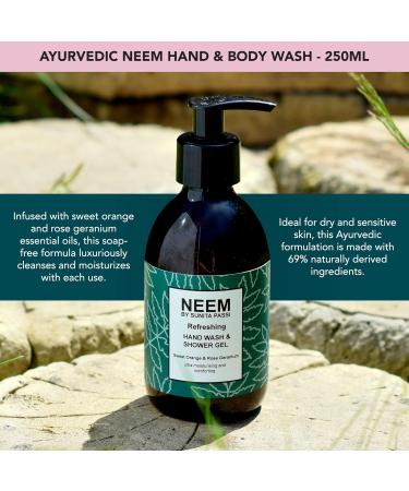NEEM Sunita Passi - Ayurvedic Neem Hand & Body Wash 250ml - Nourishing Neem Shower Gel - Sweet Orange & Rose Geranium Essential Oils - Soap Free Cleansing - Vegan & Natural - Buy Online on GoSupps.com
