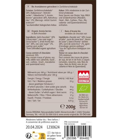Aronia ORIGINAL Organic Dried Aronia Berries covered with dark Chocolate 200 g | Perfect for Baking & Snacking | Vegan Organic Non-GMO Black Chokeberry 1 - Buy Online on GoSupps.com