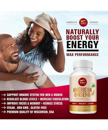 Zen American Ginseng 500mg - 100 Capsules. Premium Quality Panax Quinquefolius Daily Supplement - Buy Online on GoSupps.com