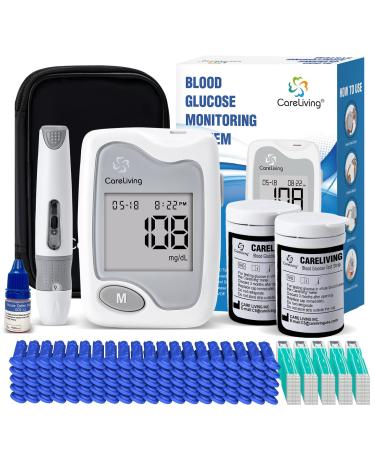 Careliving Blood Glucose Monitor Kit, 100 Test Strips, 100 Lancets, 1 Blood Glucose Meter, 1 Lancing Device, Diabetes Testing Kit, Portable Blood Sugar Test Kit, Glucometer Kit for Home Use